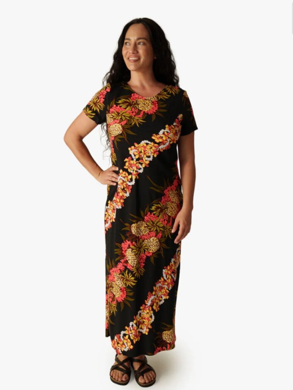 Hilo Hattie Pineapple Panel Maxi Dress Black Floral Lei Short Sleeve 2XL